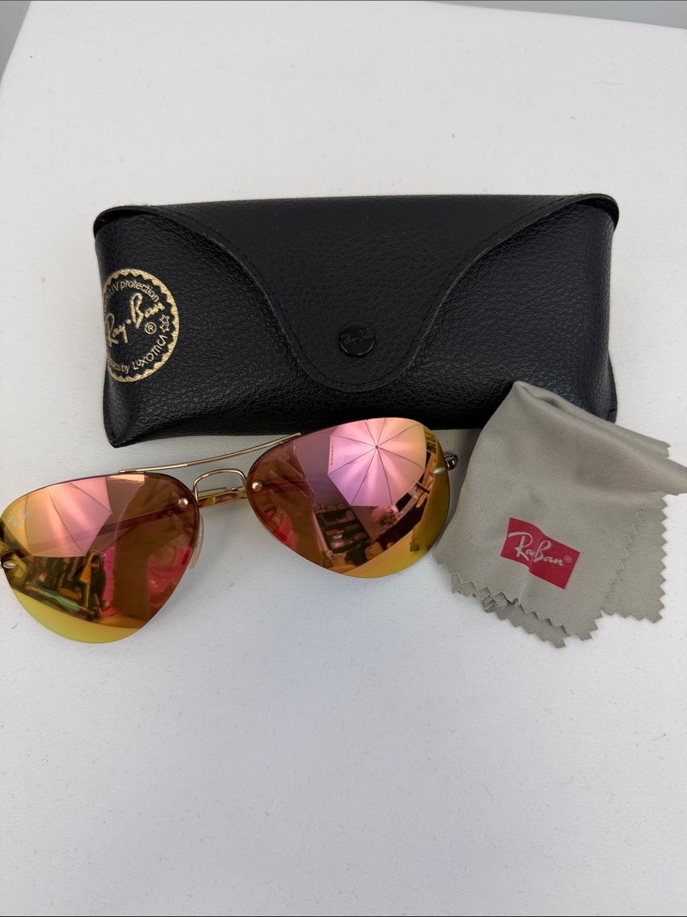 Ray-Ban Aviator Gold Pink Mirror Lens Sunglasses Case Cloth Women's Y2K